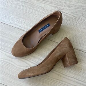 New Margaux Cognac Brown Tan Suede Block Heel